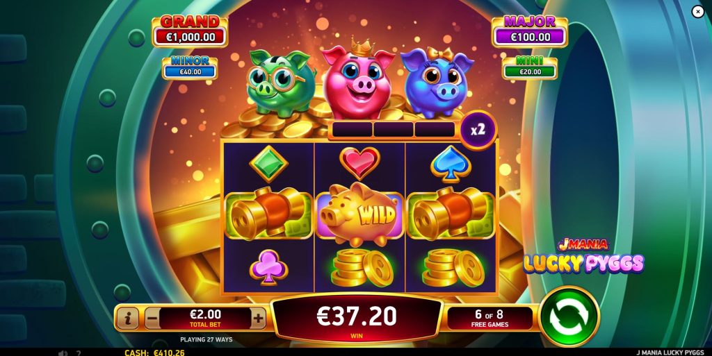 The Free Games feature in J Mania Lucky Pyggs, highlighting the central sticky wild and the win multiplier.