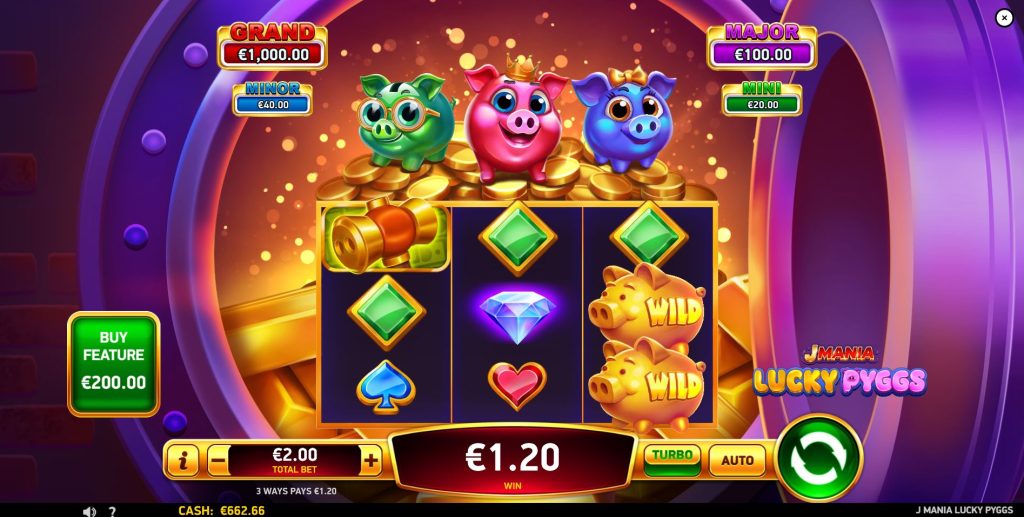 The main game grid of the J Mania Lucky Pyggs slot, showing the 3x3 reel layout and colorful symbols.