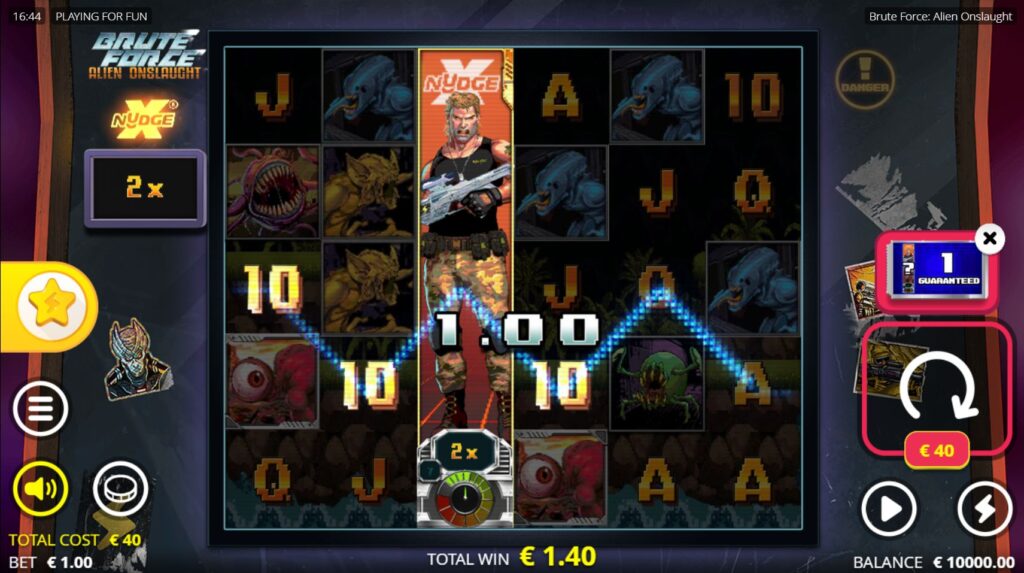 A Joshua xNudge Wild fully expanded on a reel with its multiplier visible in the Brute Force: Alien Onslaught game.