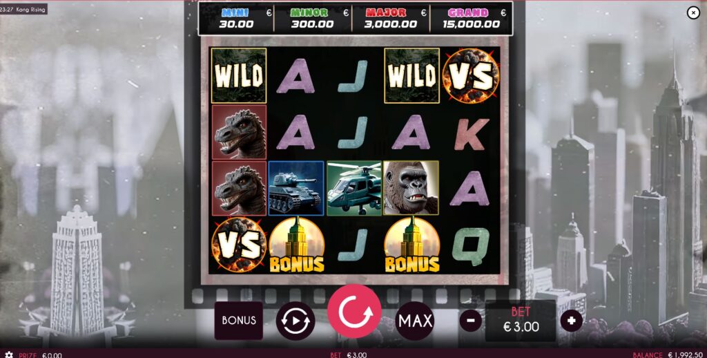 Kong Rising slot base game with high-value monster symbols on the 5x4 grid.