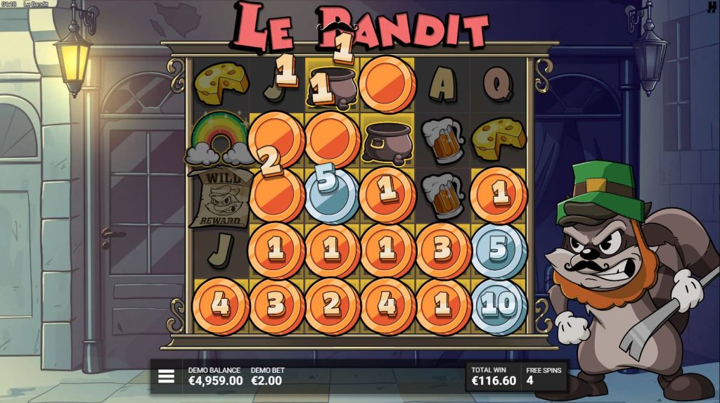 he Rainbow symbol activating the Golden Squares feature, revealing coins and a Four-Leaf Clover multiplier in the Le Bandit slot.