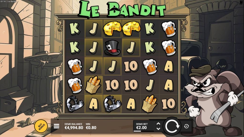 The base game grid of the Le Bandit slot, featuring the 6x5 layout and the raccoon character Smokey in a Parisian alley.