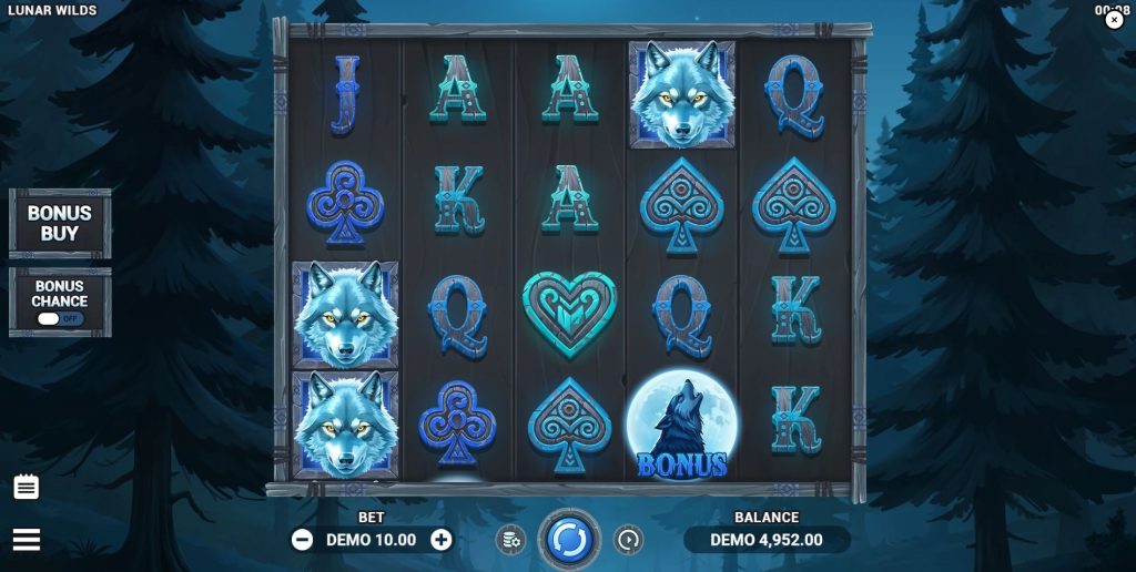 The 5x4 reel layout of the Lunar Wilds slot game in action.