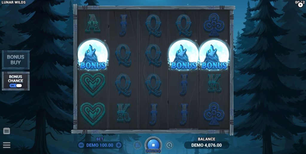 Three bonus scatter symbols landing on the reels to trigger the free spins feature.