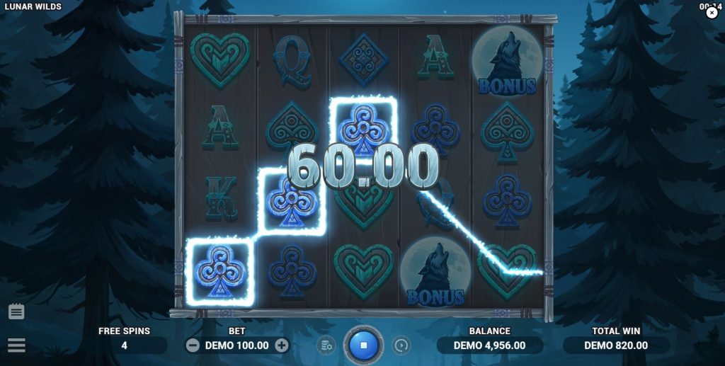 The Lunar Wilds slot reels during the free spins bonus round.