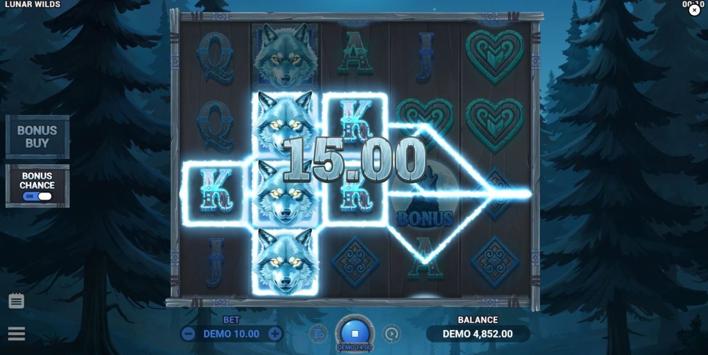 A winning combination created by stacked wolf wild symbols on the reels.