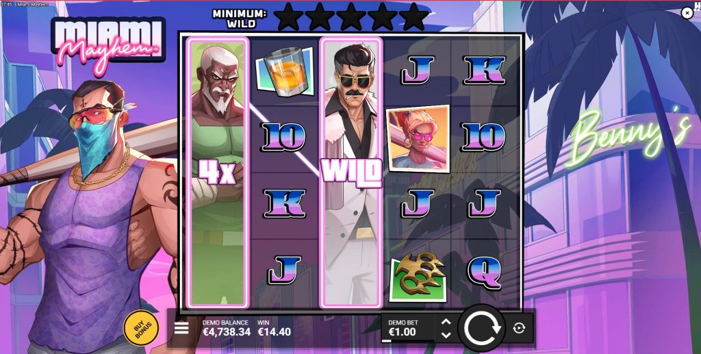 A winning spin in the Miami Mayhem slot featuring two Expanded Crew Reels with characters Gordo and Vinny. Gordo's reel has a 4x multiplier.