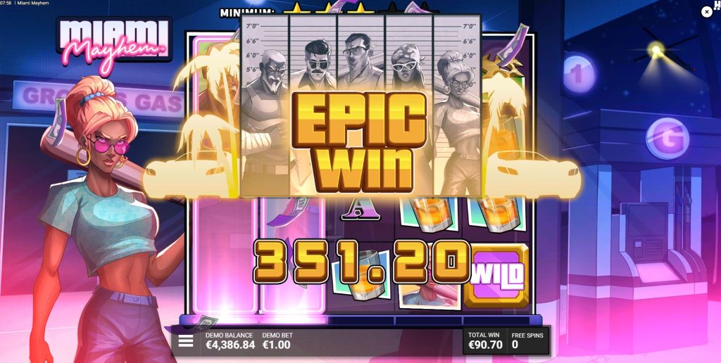 The final Crew Spin activates in Miami Mayhem's "We Split" bonus, with multiple collected Crew Reels filling the grid for a final massive win.