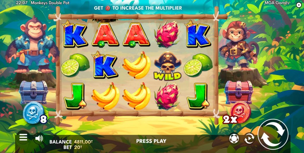 The main game screen of Monkeys Double Pot slot, showing the 5x3 reels and the two pirate monkey characters with their collection pots.