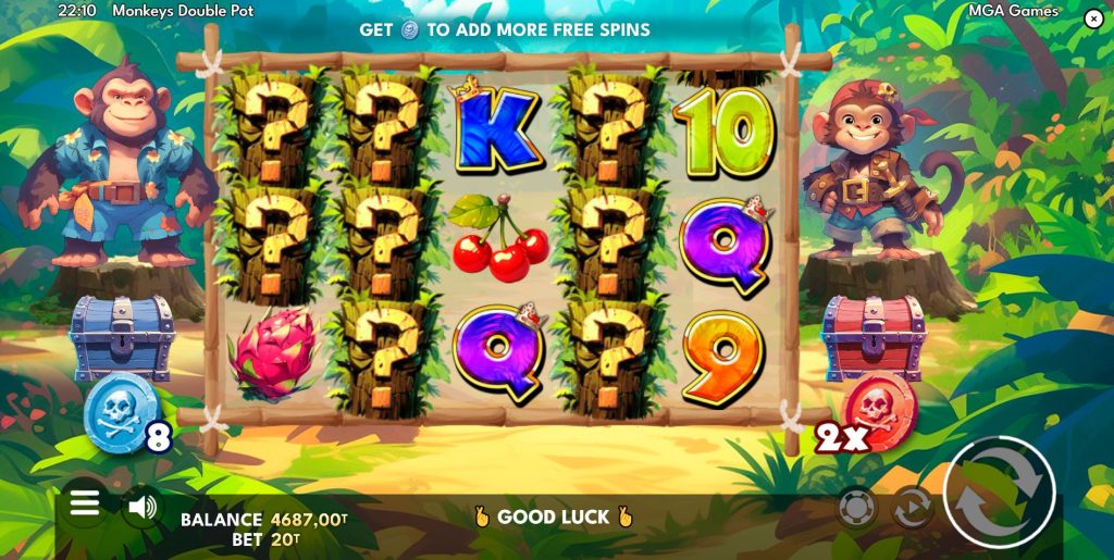 Mystery Symbols with question marks covering the reels in the Monkeys Double Pot game before they reveal a common symbol.