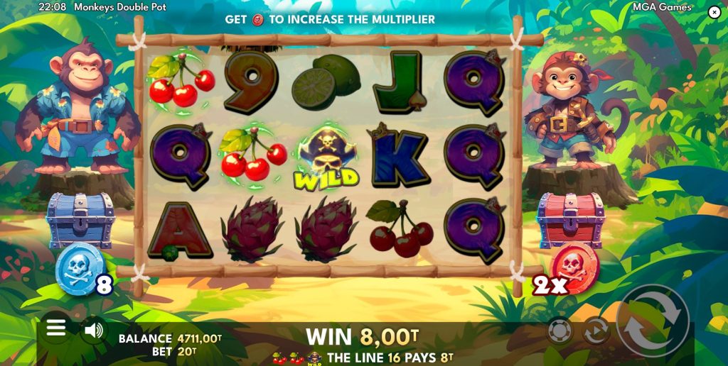 A winning combination in Monkeys Double Pot featuring the Pirate Skull Wild symbol.