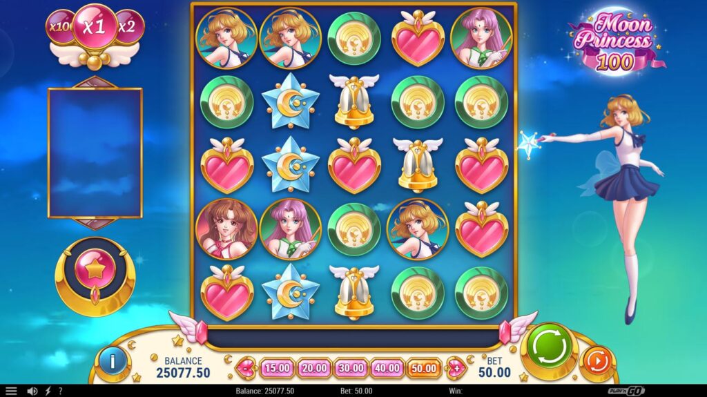 Moon Princess 100 slot gameplay grid with character and bonus meter.