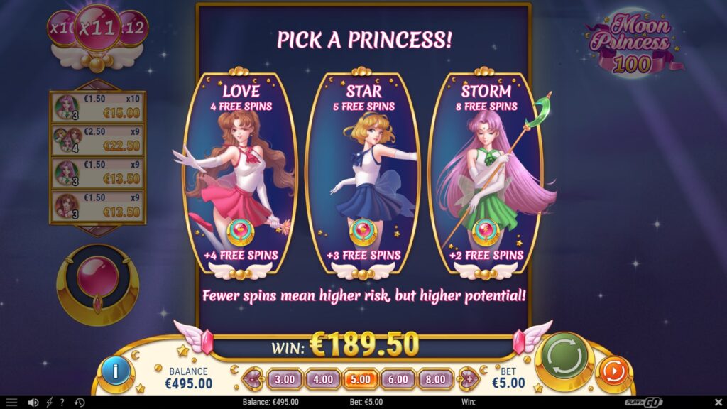 The selection screen for the Free Spins feature in the Moon Princess 100 game.