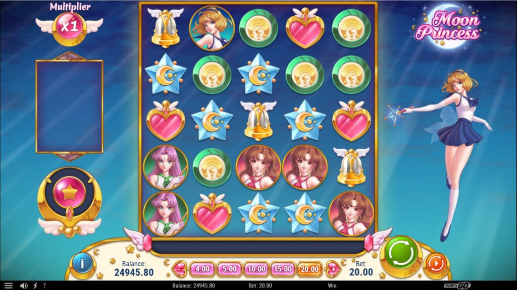 The 5x5 grid of the Moon Princess slot game with Princess Star on the side.