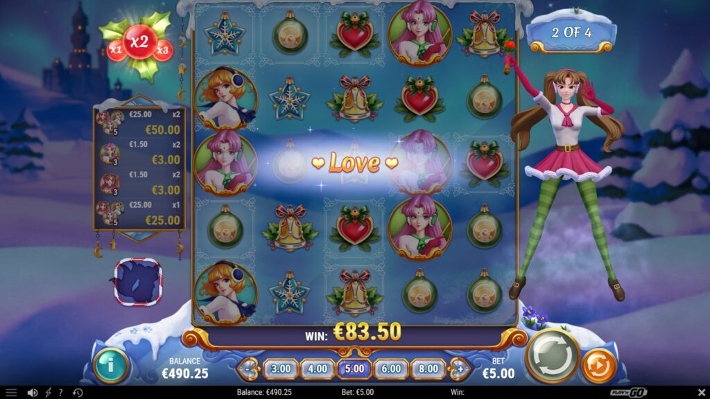 Princess Love's Girl Power feature activating during a Free Spins round in the Moon Princess: Christmas Kingdom slot.
