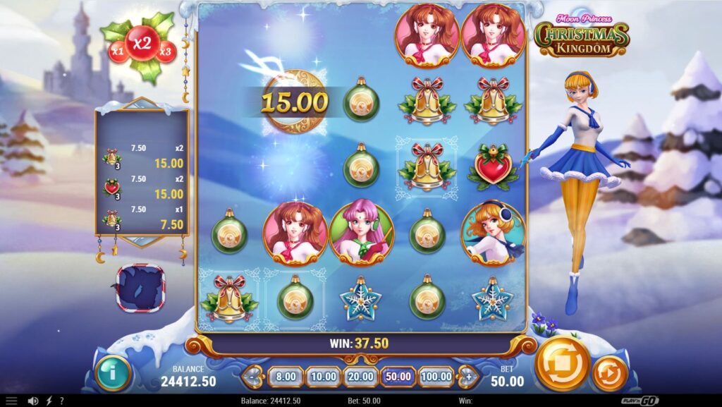 The Mistletoe win multiplier increasing after a win on a marked position.