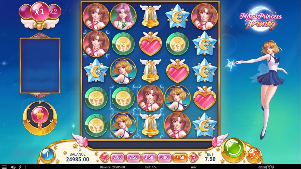 The 5x5 grid of the Moon Princess Trinity slot with the three princesses on the side.