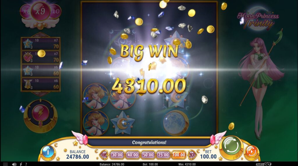 A big win during the Trinity feature with multiple wilds and a high win multiplier.