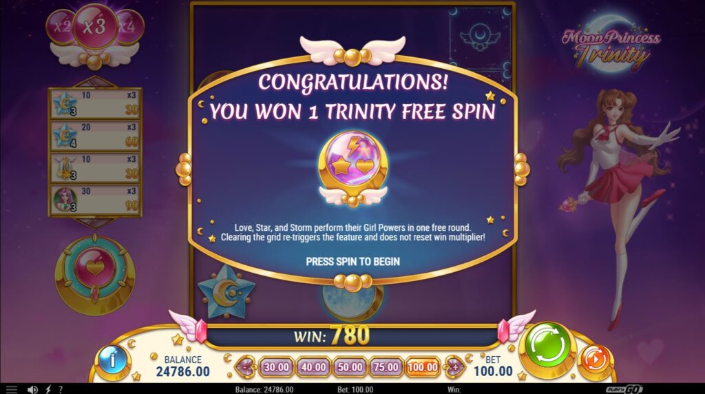 The Trinity feature is triggered in the Moon Princess Trinity slot.
