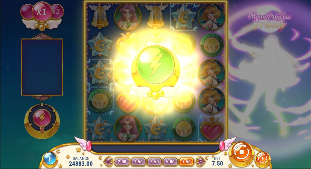 Princess Love activating her symbol conversion Girl Power feature in the Moon Princess Trinity game.