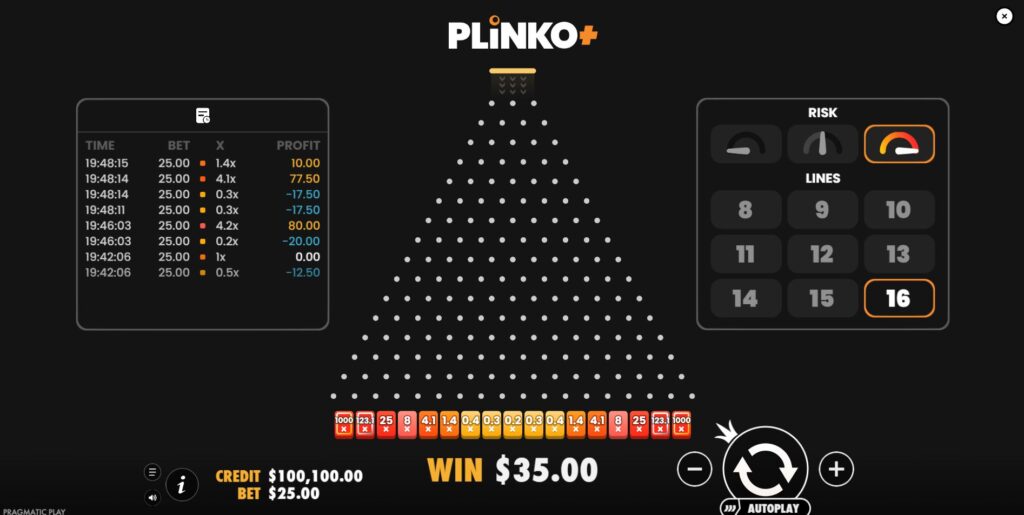 The Plinko+ pyramid expanded to the maximum 16 lines, showing more prize buckets.