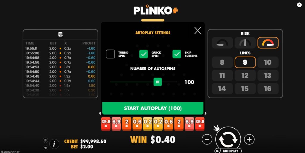 The Autoplay settings menu in Plinko+, allowing the player to select the number of automated drops.