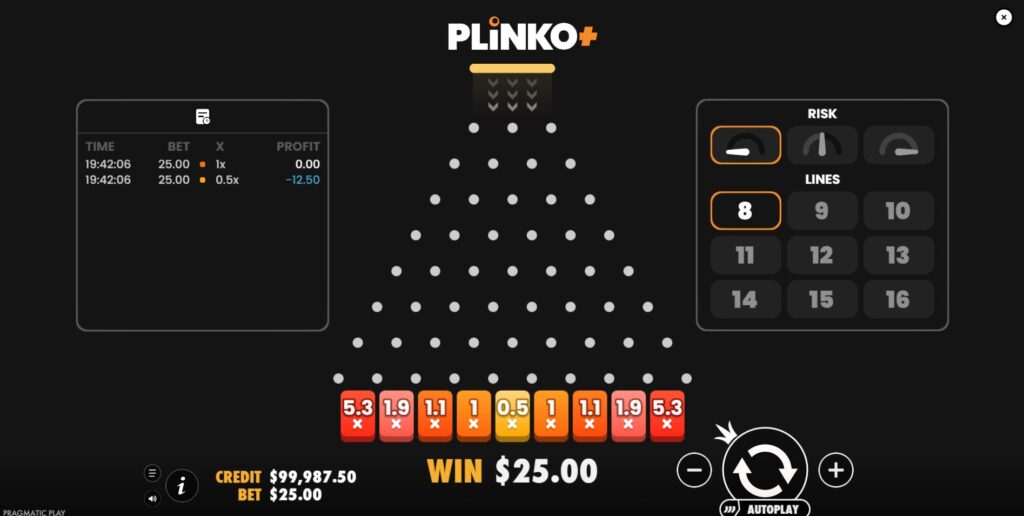 The main game screen of the Plinko+ slot, showing the pyramid, risk settings, and play controls.
