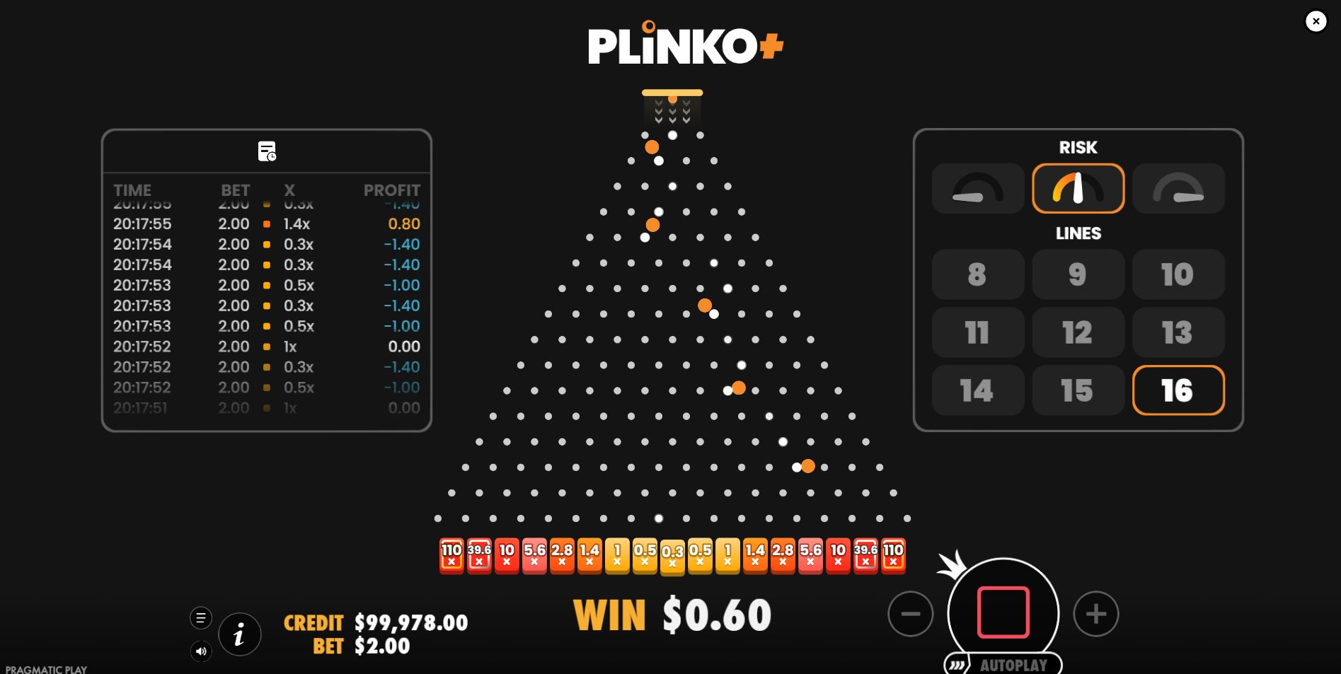 A gameplay screenshot from Plinko+ demonstrating the multi-drop feature, with several balls falling through the pin pyramid simultaneously.