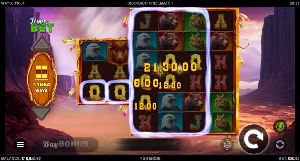 The PrizeMatch feature activating in the Bisonado PrizeMatch game with highlighted symbols on reels 1 and 2.