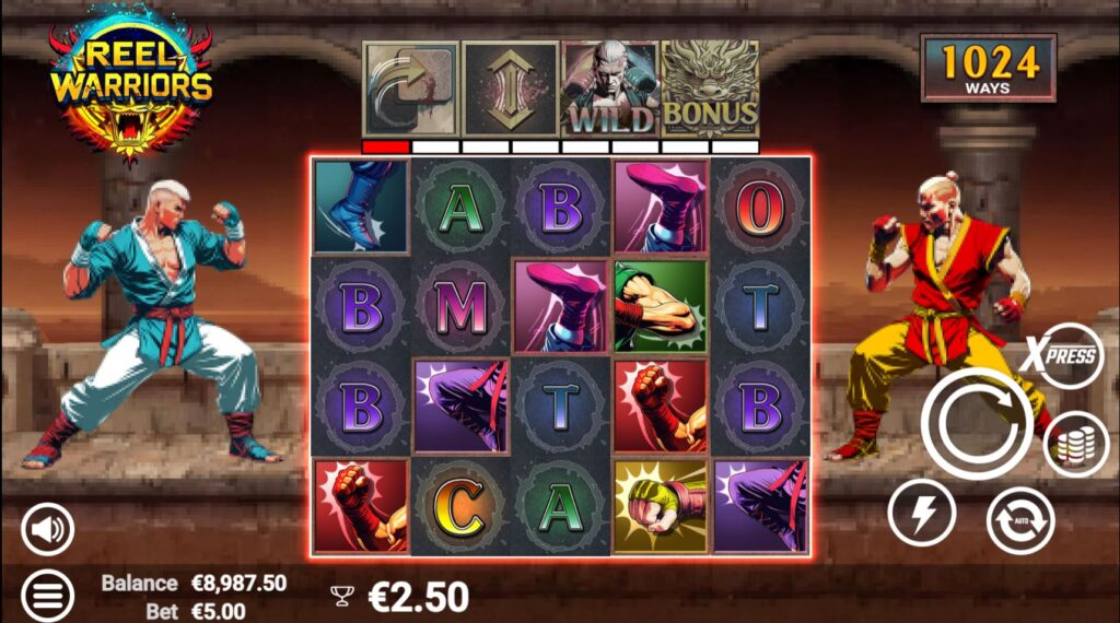 The base game screen of Reel Warriors slot, showing the 5x4 grid and two fighters.