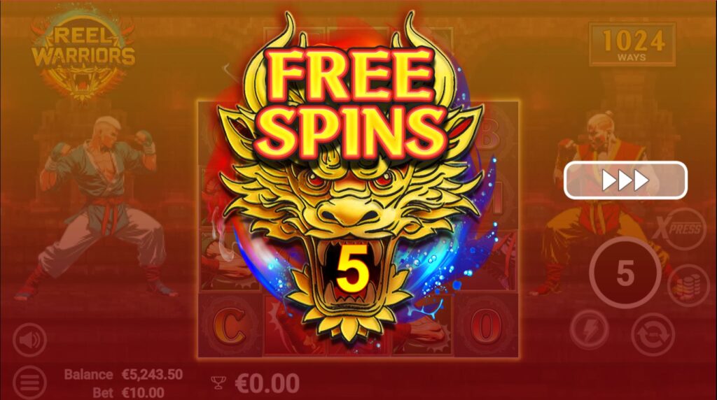 The start of the Free Spins bonus game in the Reel Warriors slot.