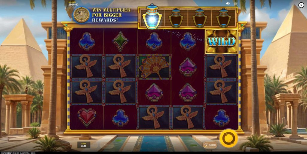 A Scarab Wild symbol being collected into the Feature Jars in the Rise of Cleopatra game.