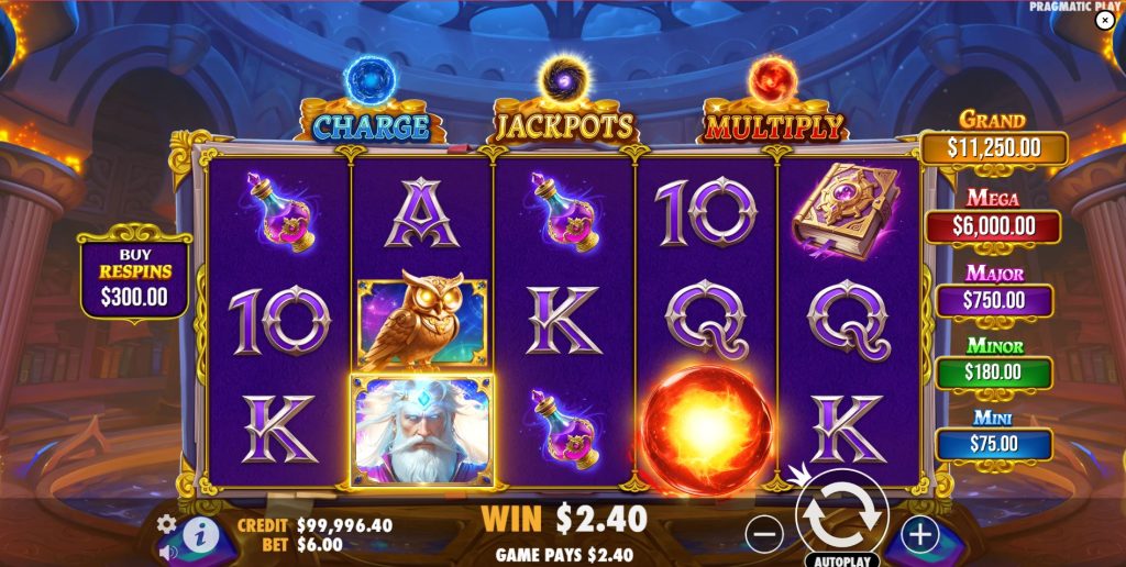 The base game screen of the Spellmaster slot, showing the 5x3 reel layout inside the wizard's tower.