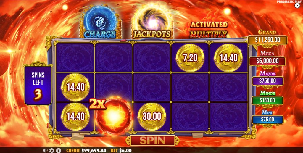 The Multiply modifier applying a 2x multiplier to a Money Symbol during the Spellmaster slot bonus round.