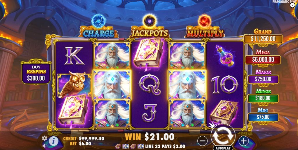  A winning combination formed with the Spellmaster Wild symbol in the Spellmaster online slot.