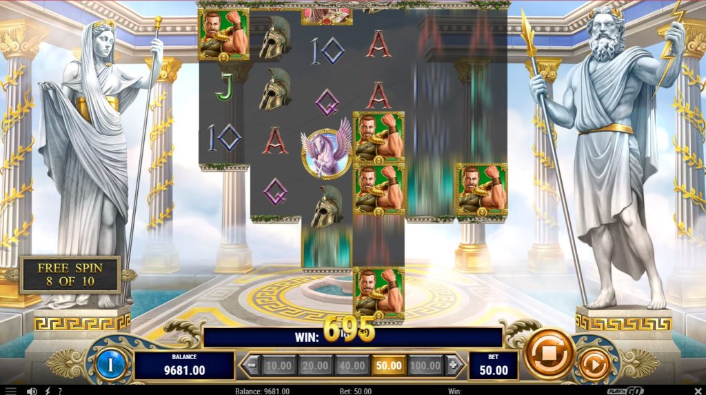 A winning combination of sticky Hercules symbols paying anywhere on the grid during the bonus round of 13th Trial Hercules Abyssways.