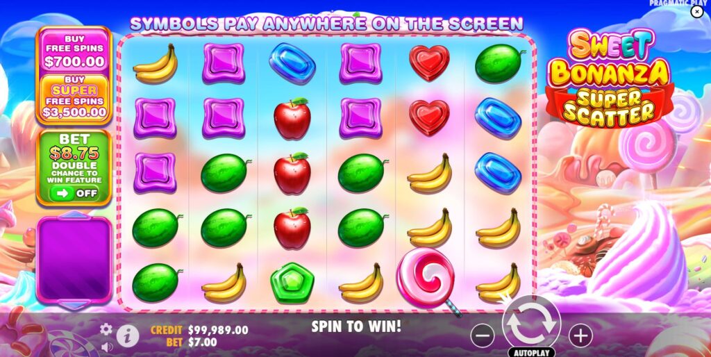 The base game grid of Sweet Bonanza Super Scatter slot, showing various fruit and candy symbols.