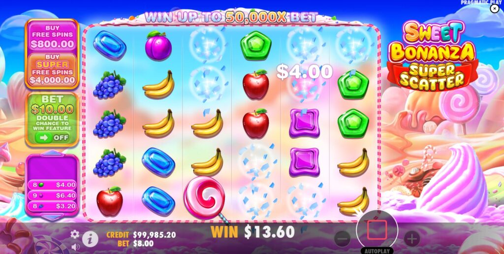 A winning combination disappears from the reels in the Tumble Feature of Sweet Bonanza Super Scatter.