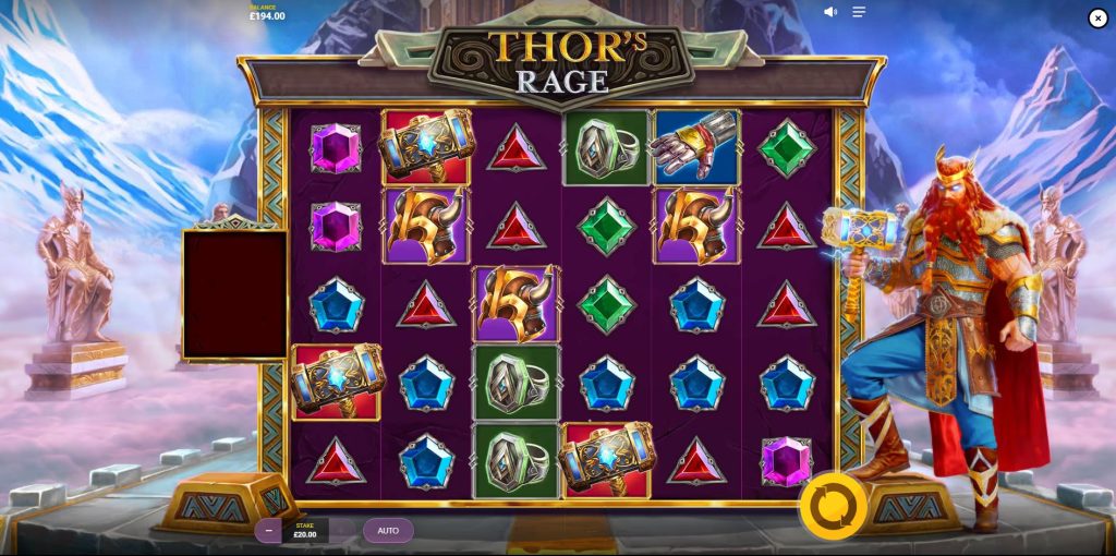 The main 6x5 game grid of the Thor's Rage slot with Thor on the right.