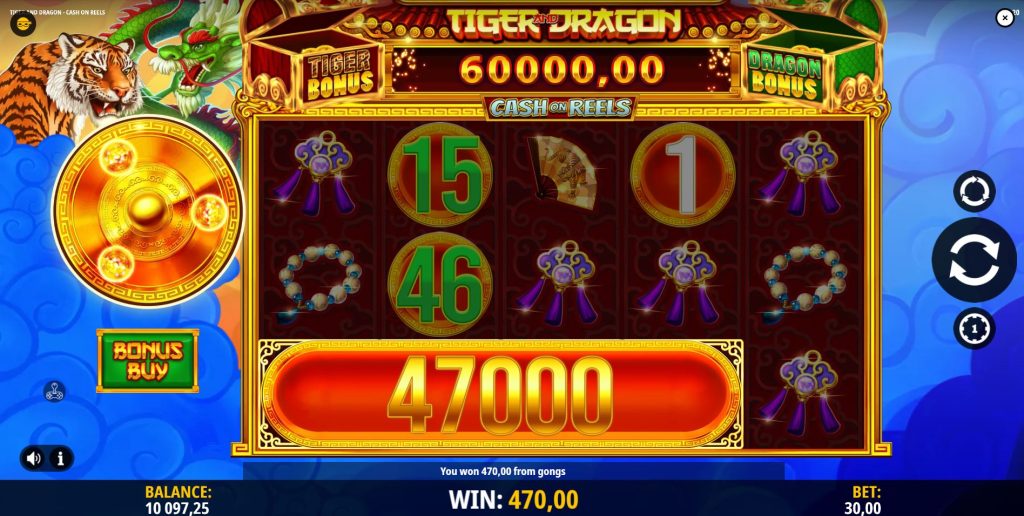 Base gameplay of the Tiger and Dragon slot showing a Cash on Reels win.