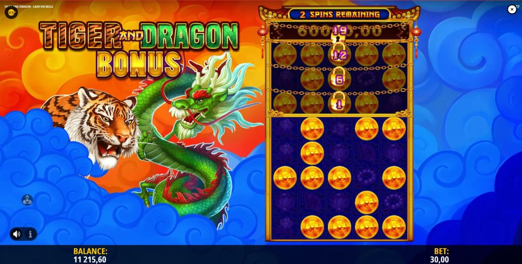The Tiger and Dragon Bonus with unlocked rows and locked Gong symbols.