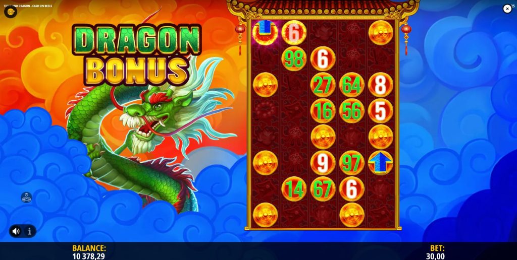 The expanded 5x8 reel set during the Dragon Bonus round.