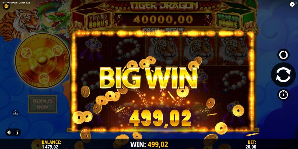 A big win screen showing a large payout in the Tiger and Dragon slot.