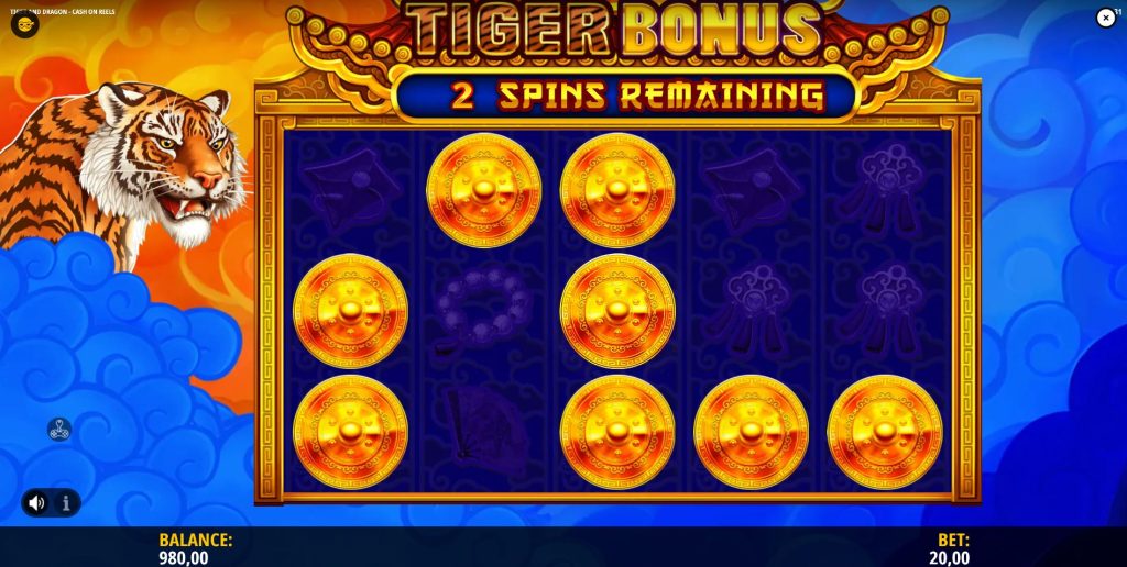 The Tiger Bonus round with the Lock & Respin feature activated on the 5x3 grid.