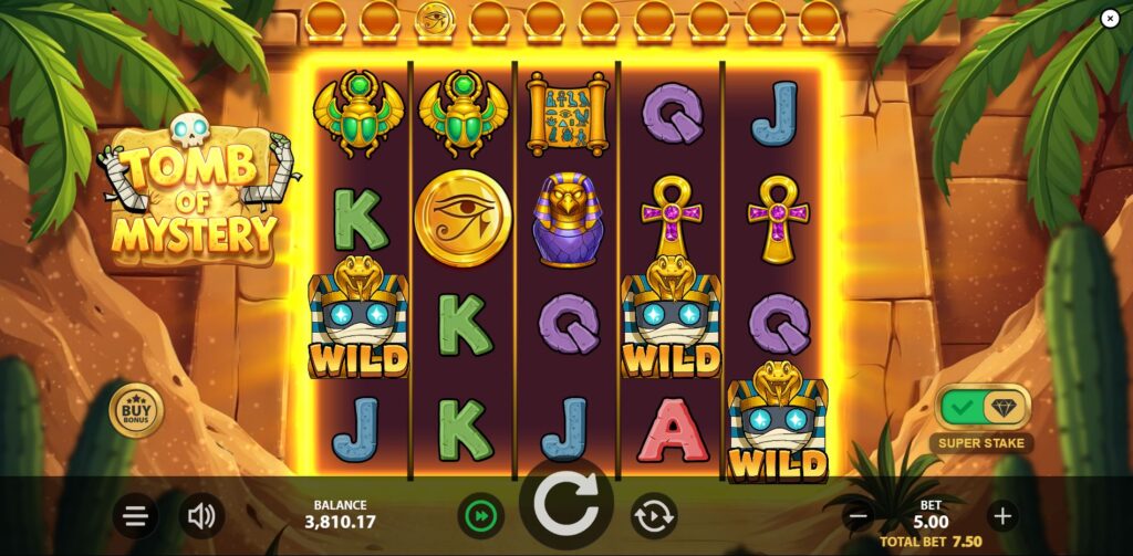 A coin symbol lands on the reels, adding to the Coin Meter above in the Tomb of Mystery game.