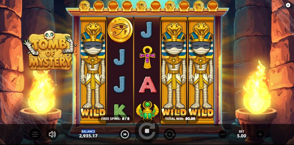 Multiple wild reels active during the Tomb of Mystery free spins bonus round.
