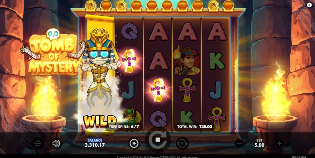 A full reel has transformed into an Expanding Mummy Wild in the Tomb of Mystery slot.
