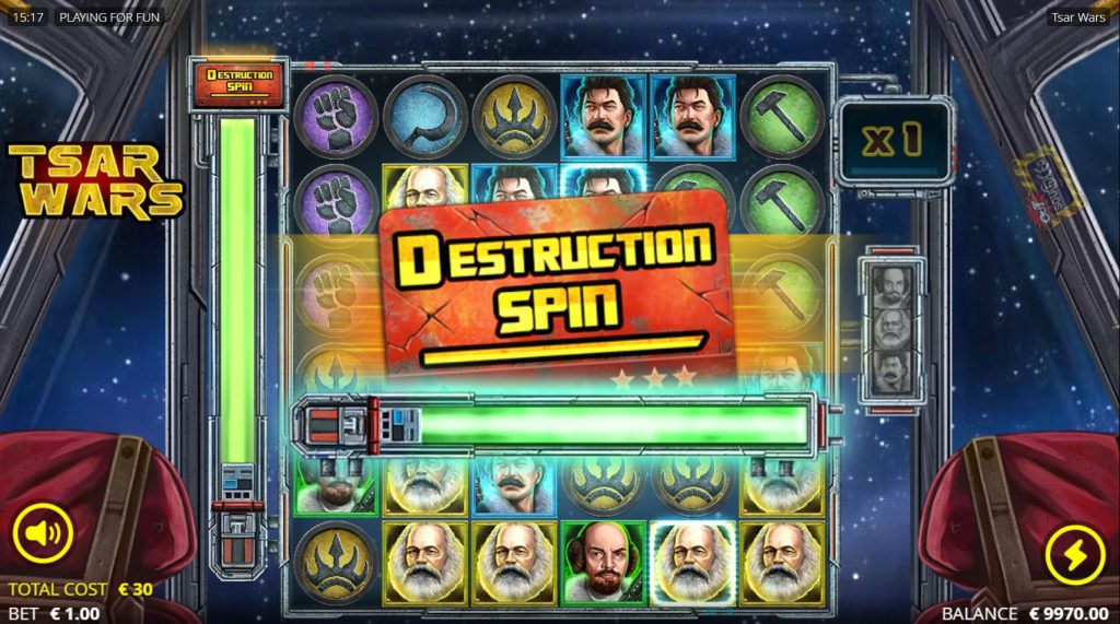 The Destruction Meter is filled, triggering the guaranteed Destruction Spin feature in the Tsar Wars slot.