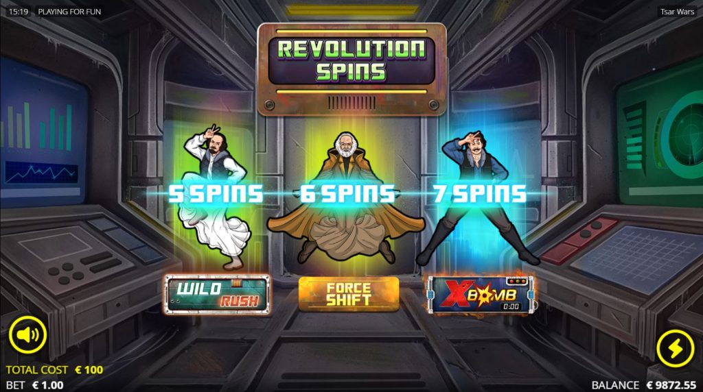 The selection screen for the Revolution Spins bonus in Tsar Wars, offering a choice of three features.