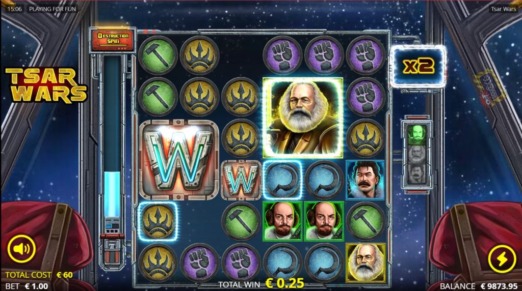 The 6x6 grid of the Tsar Wars slot showcasing a 3x3 Big Symbol of Marx Skytalker.